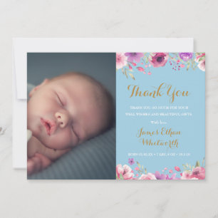 Faire-part Floral Baby Boy Script photo Merci rose naissance