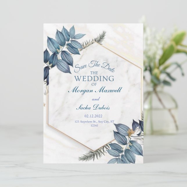 Faire-part floral bleu avec marbre mariage (Debout devant)