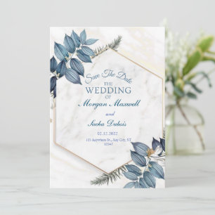 Faire-part floral bleu avec marbre mariage