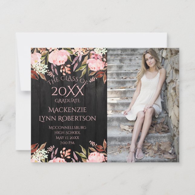 Faire-part Floral rose Grange noire Bois Photo Graduation (Devant)