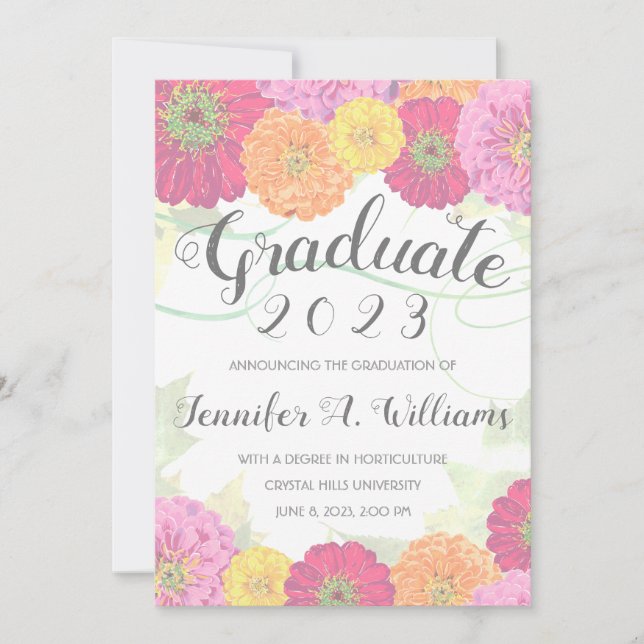 Faire-part Floral Zinnia Aquarelle Gris 2023 Diplômé (Devant)