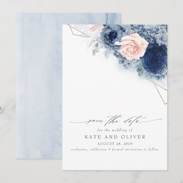 Faire-part Flore bleu et rose pâle et bleu poussiéreux Enregi (Devant / Derrière)