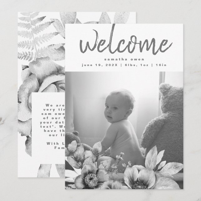 Faire-part Flore séchée par la boue grise Bébé neutre (Devant / Derrière)