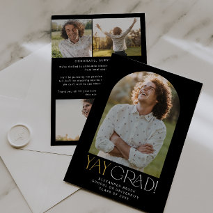 Faire-part Flûte moderne Black Gold Yay Grad Photo Graduation