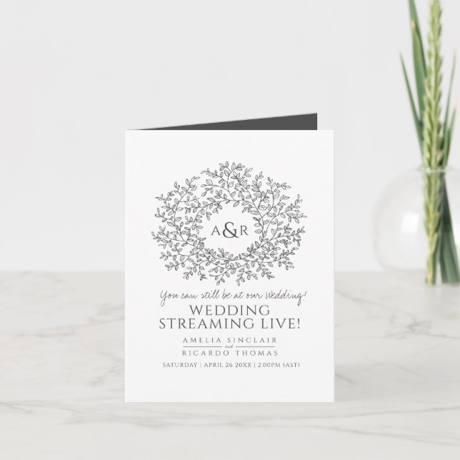 Faire-part Flux en direct de mariage de feuilles blanches gri (Devant)