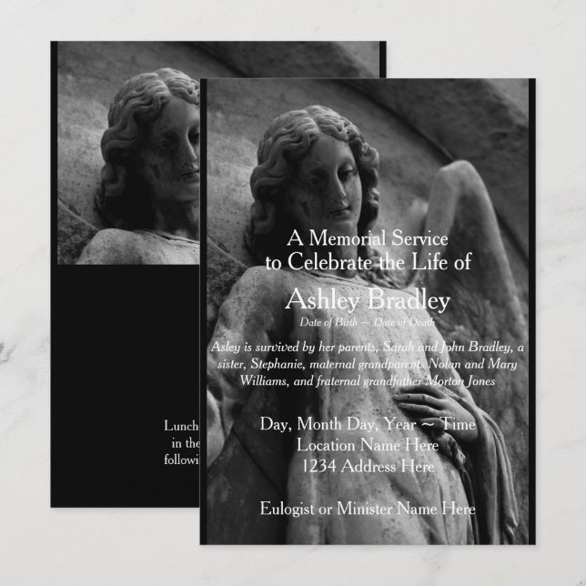 Faire-part funéraire du service commémoratif Angel (Devant / Derrière)