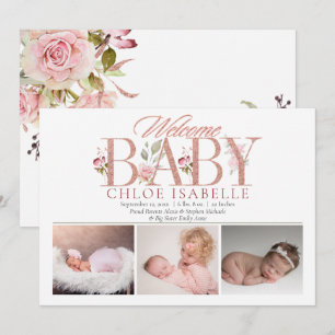 Faire-part Girl Photo Rose Gold   Naissance florale