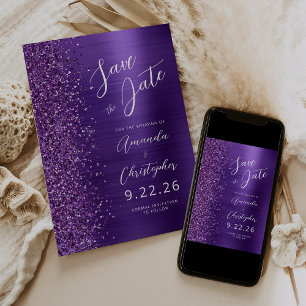 Faire-part Glam Purple Brossé Script en métal Enregistrer la 