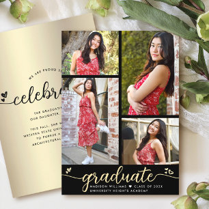 Faire-part Gold Black Graduation 4 Coeurs de calligraphie pho