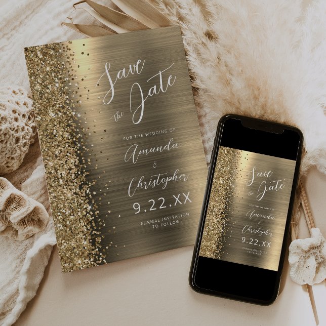 Faire-part Gold Brushed Metal Script Save the Date (Créateur téléchargé)