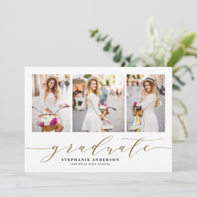 Faire-part Gold Dainty Script Trois diplômes photo (Debout devant)