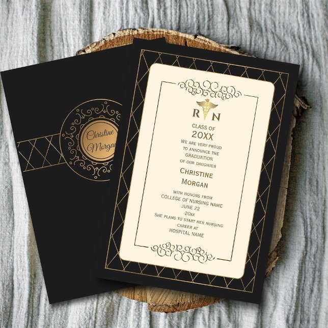Faire-part Gold Elegant Ornate Romantique Médicale Graduation ("Designing Dreams: The Art of Crafting Ornate Medical Graduation Invitations" #vintagestyle #golden)