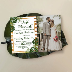 Faire-part Gold Foil & Green Palm Leaf Beach Mariage Photo