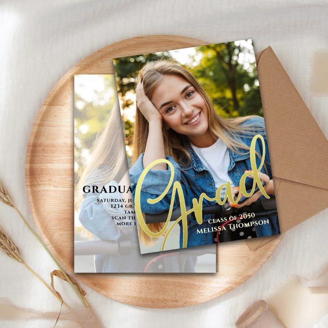 Faire-part Gold Graduation Photo Elegant Custom (Graduation photo invitation with gold calligraphy script and a 2-photo template. )