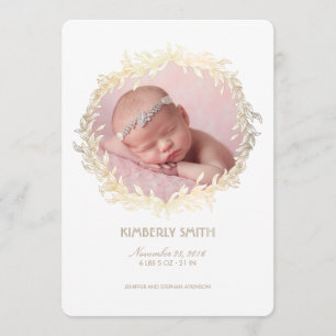 Faire-part Gold Laurel Wreath White Nouveau-né Photo Naissanc