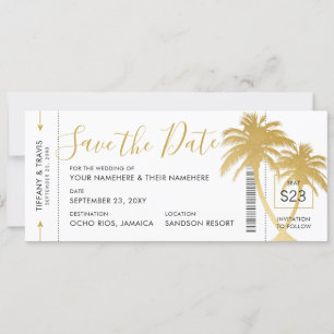 Faire-part Gold Palm Boarding Pass Ticket Save the Date Card