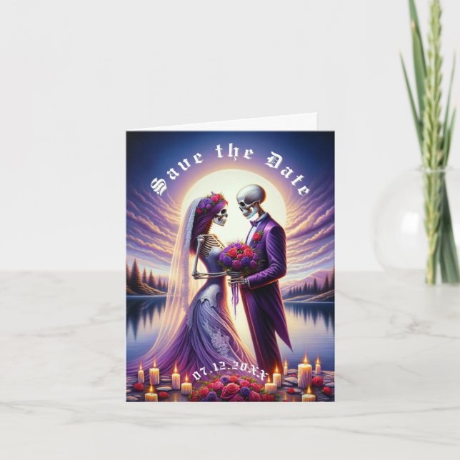 Faire-part Gothic Skeleton Couple Red Roses Save the Date (Devant)