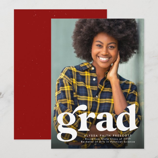 Faire-part Grad Grad simple rouge graduation photo verticale (Devant / Derrière)