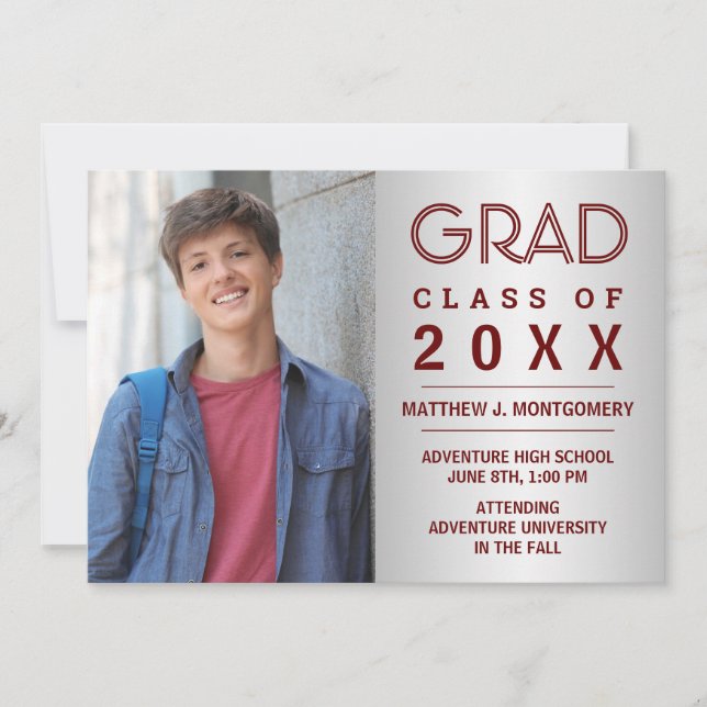 Faire-part Graduate 2023 Photo moderne Maroon Argent Grad (Devant)