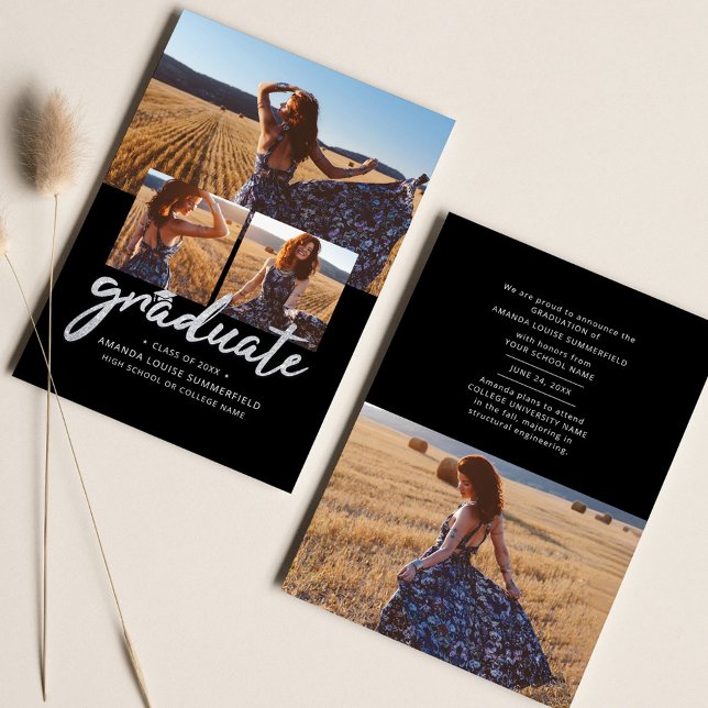 Faire-part Graduate 2025 Black Script Grad photo Collage (Graduate Photo Collage Modern Graduation Announcement)