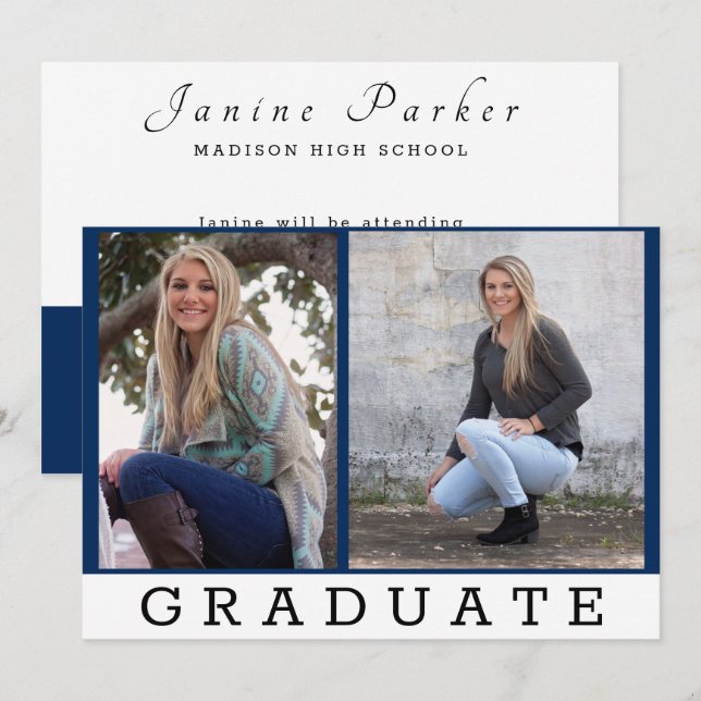 Faire-part Graduate Classic Blue Ajouter Deux Photos Personna (Devant / Derrière)
