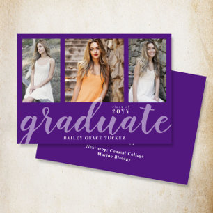 Faire-part Graduate moderne 3-Photo Collage Purple Graduation