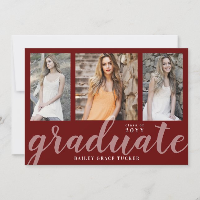 Faire-part Graduate moderne 3-Photo Collage Rouge Graduation (Devant)