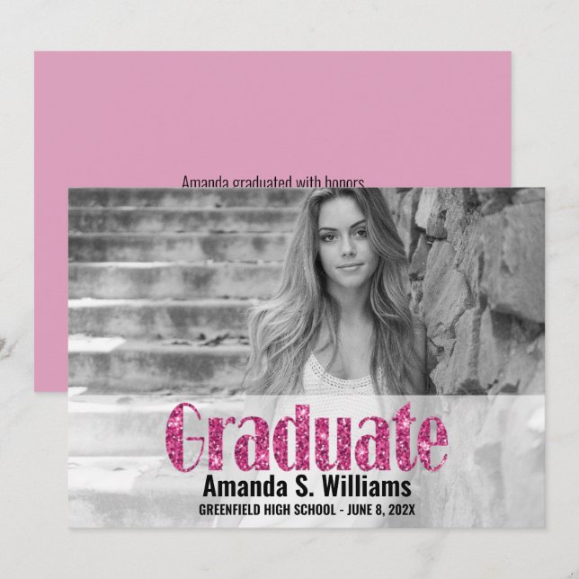 Faire-part Graduate moderne Parties scintillant rose Photo Gr (Devant / Derrière)