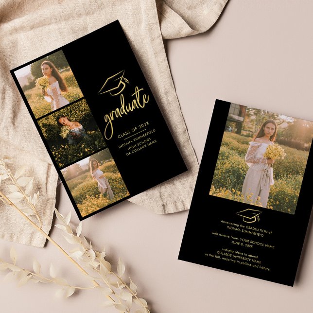 Faire-part Graduation 2024 Photo Collage Script Grad (Graduation Multi Photo Gold Script 2024 Announcement)