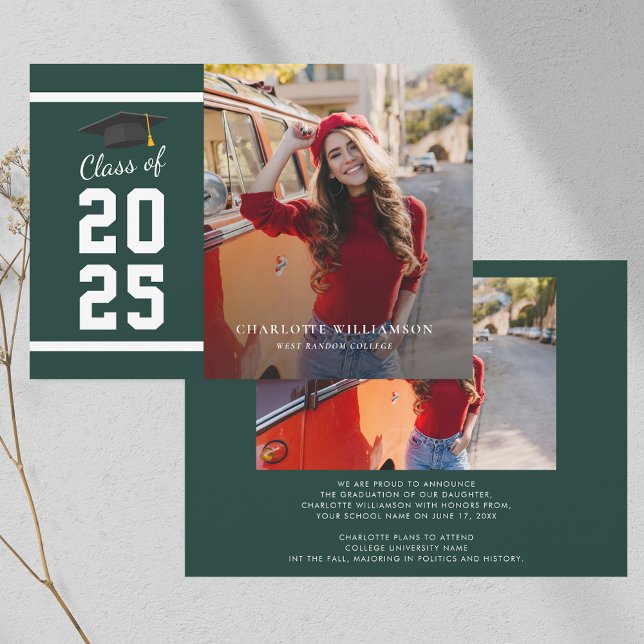 Faire-part Graduation 2025 Grad photo vert et blanc (Graduation 2025 Grad Photo Green and White Announcement)