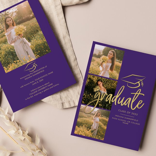 Faire-part Graduation 2025 Grad Photos Purple Script (Graduation 2024 Photo Collage Script Purple Grad Announcement)