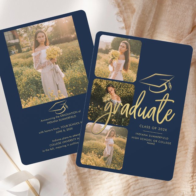 Faire-part Graduation 2025 Grad Photos Script Marine Bleu (Graduation 2025 Grad Photos Script Navy Blue Announcement)