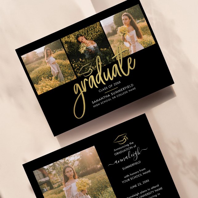 Faire-part Graduation 2025 Photo Collage Script Black Gold (Créateur téléchargé)