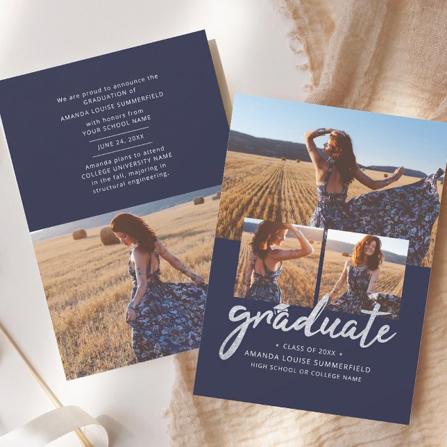 Faire-part Graduation 2025 Script Photo Collage (Graduation 2025 Script Photo Collage Navy Blue Announcement)