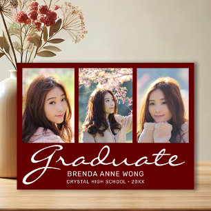 Faire-part Graduation 3 Photo Collage blanc Script rouge