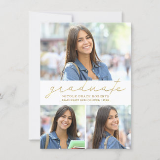 Faire-part Graduation 3-Photo Collage Easy Edit Gold Script