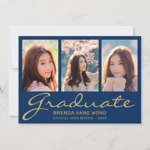 Faire-part Graduation 3 Photo Collage Gold Script Royal Blue
