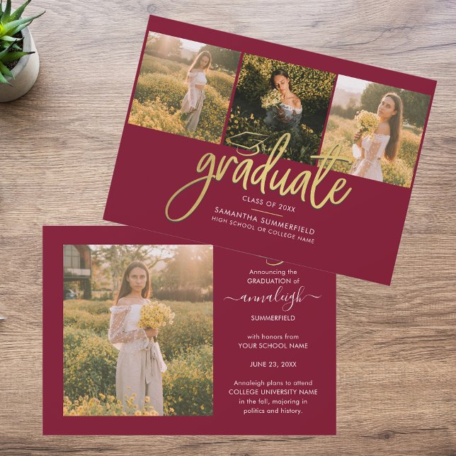 Faire-part Graduation 4 Collage de photos Classe de 2025 (Graduation 2025 Burgundy Photo Collage Modern Announcement)