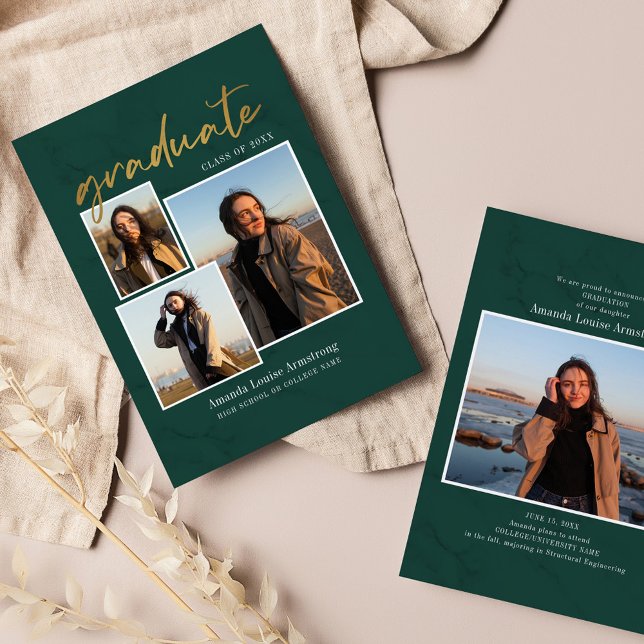 Faire-part Graduation 4 Photo Collage Script Green Grad 2025 (Graduation Announcement Photo Collage Green Marble Card)
