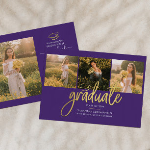 Faire-part Graduation 4 Photo Collage Script Purple Gold Grad