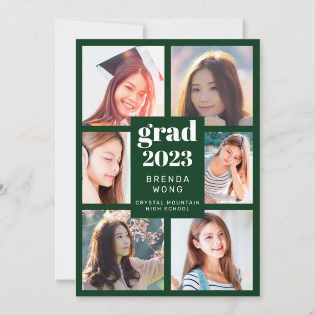 Faire-part Graduation 6 Photo Collage blanc Script vert (Devant)