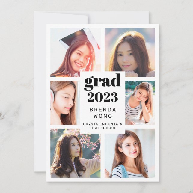 Faire-part Graduation 6 Photo Collage noir Script blanc (Devant)