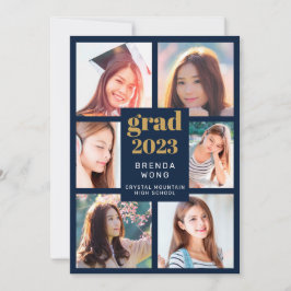 Faire-part Graduation 6 Photo Collage Or Blanc Script Bleu