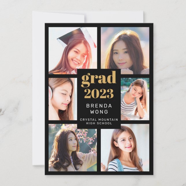 Faire-part Graduation 6 Photo Collage Or Blanc Script Noir (Devant)