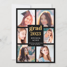 Faire-part Graduation 6 Photo Collage Or Blanc Script Noir