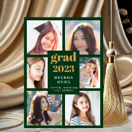 Faire-part Graduation 6 Photo Collage Or Blanc Script Vert