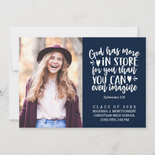 Faire-part Graduation Bible Verse Photo Blanc Script Bleu