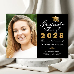 Faire-part Graduation Black Gold Script Classe de 2025 Photo