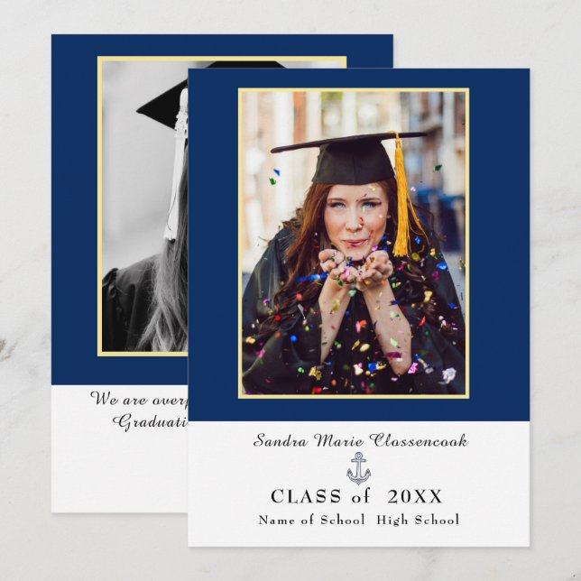Faire-part graduation en bleu marine moderne (Devant / Derrière)