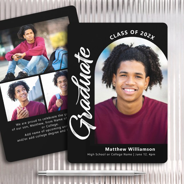 Faire-part Graduation en noir blanc 4 Photo Gras Arch Script (Créateur téléchargé)